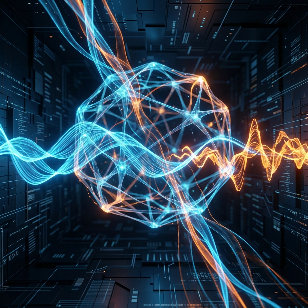 Abstract visualization of AI neural network processing audio waves