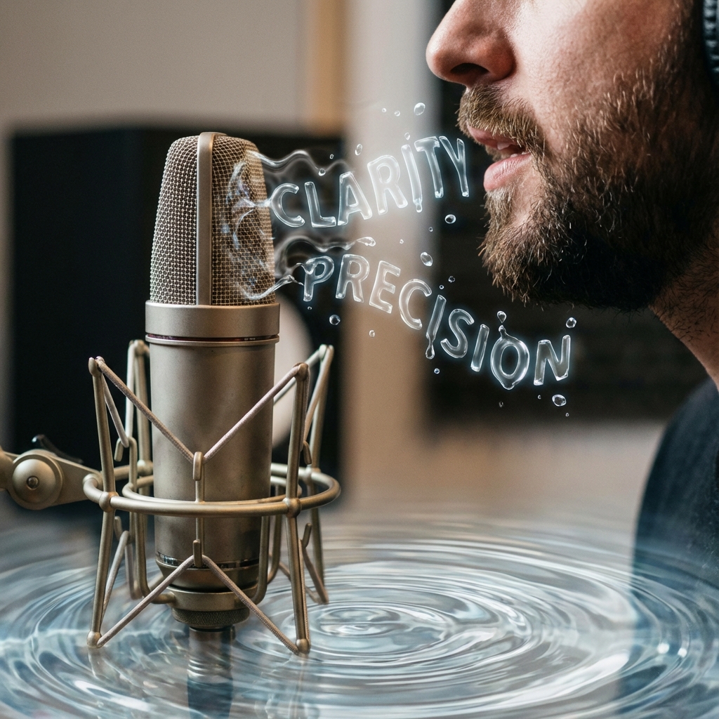 Close up of a person speaking into a microphone with sound waves transforming into clear text