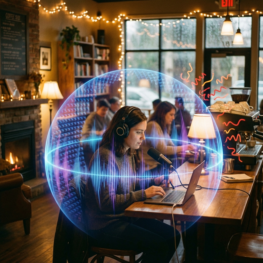 Person recording audio on a laptop in a cozy coffee shop