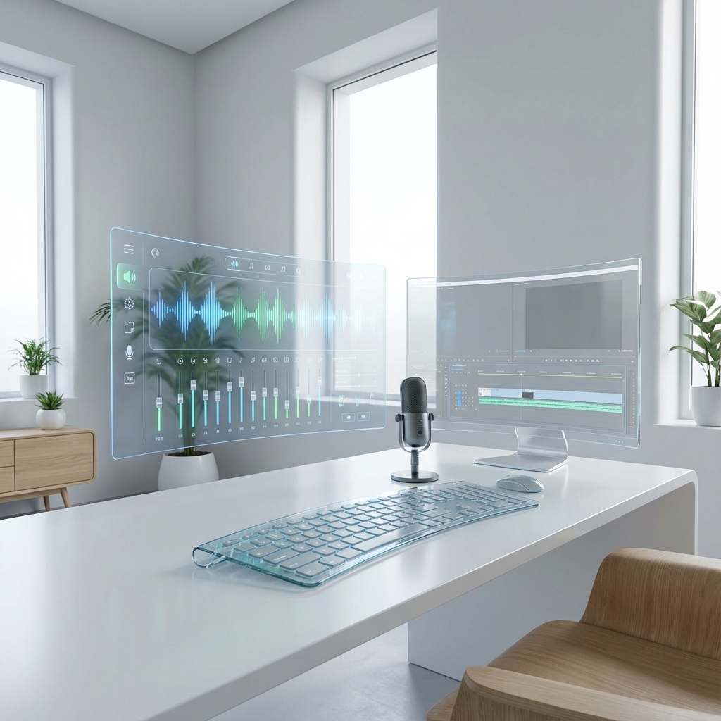 Futuristic content creator setup with holographic audio interface