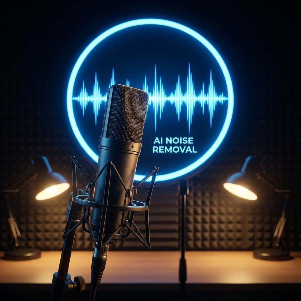 Professional studio microphone with glowing blue waveform background